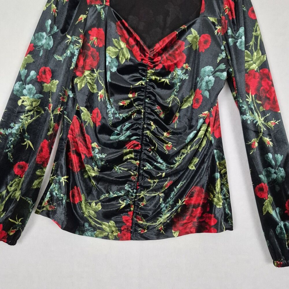 Velvet Floral Long Sleeve Sweetheart Neckline Blouse Large Whimsigoth 90s Y2k. - Picture 6 of 13